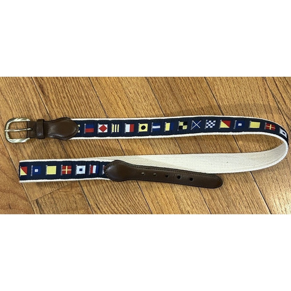 Men's Canvas Navy Blue NAUTICAL Flags Pattern Belt Solid Brass Buckle Sz‎ 44 Vtg